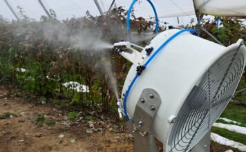 Nowe możliwości aplikacji produktów w uprawach jagodowych – drony, zamgławianie i biostymulacja Zamgławianie tunelu z uprawą malin