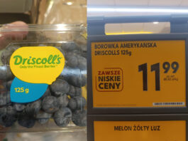 Borówki z Peru za 95,92 zł/kg. Obok polska Aurora za 39,95 zł/kg