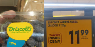 Borówki z Peru za 95,92 zł/kg. Obok polska Aurora za 39,95 zł/kg