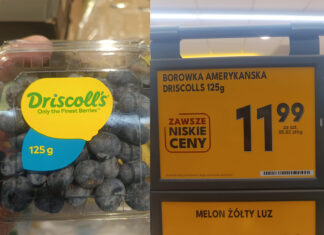 Borówki z Peru za 95,92 zł/kg. Obok polska Aurora za 39,95 zł/kg