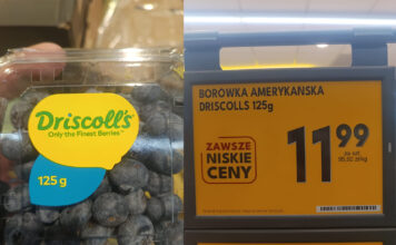 Borówki z Peru za 95,92 zł/kg. Obok polska Aurora za 39,95 zł/kg