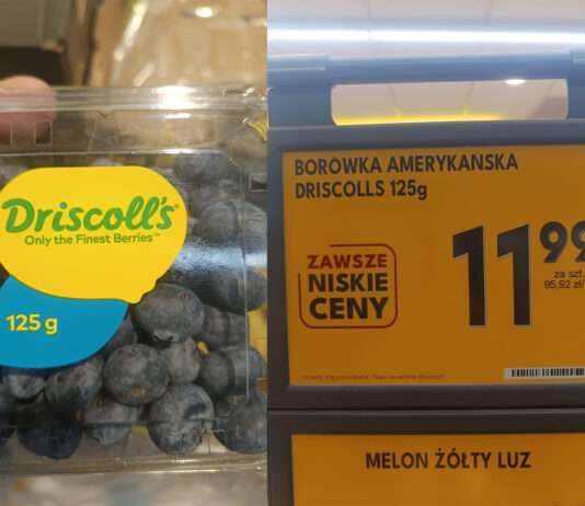 Borówki z Peru za 95,92 zł/kg. Obok polska Aurora za 39,95 zł/kg