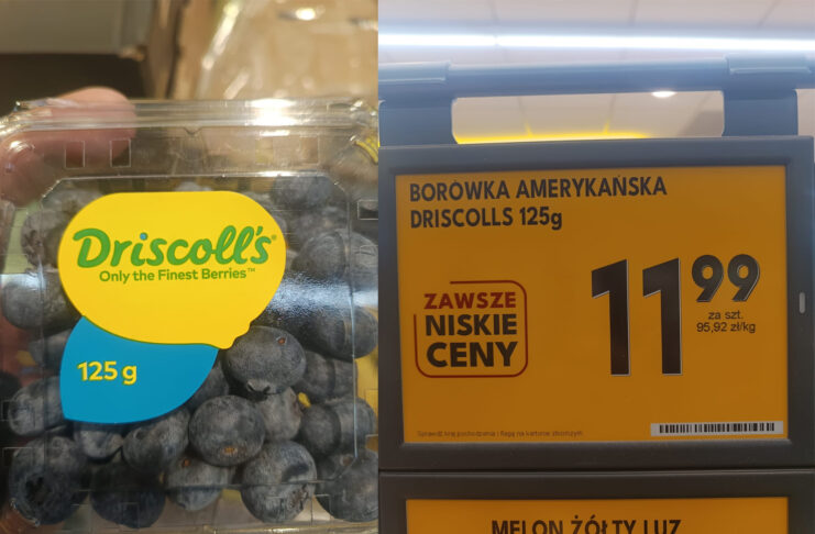 Borówki z Peru za 95,92 zł/kg. Obok polska Aurora za 39,95 zł/kg